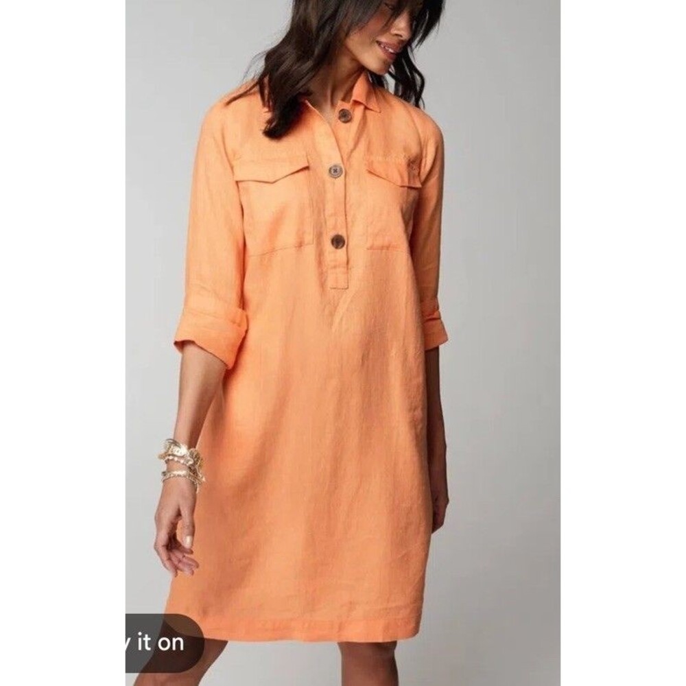 J.Jill Love Linen Orange Shirt Dress Womens M Coastal Grandma Beach Fall Pumpkin